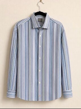 EUC Thomas Dean Blue and White Multi-Stripe Dress Shirt